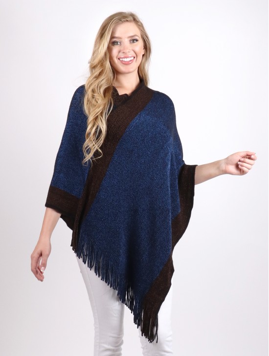 Speckled Striped Poncho W/Fringes
